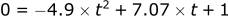 0 = (-9.8/2) * t^2 + 7.07 * t + 1