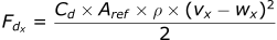 Fdx = 1/2 * Cd * Aref * rho * (vx - wx)^2