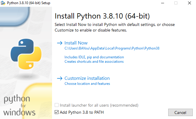 Python installation window